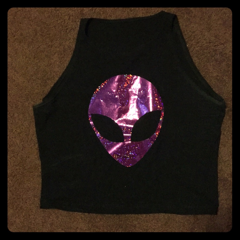 Purple glitter alien print halter top